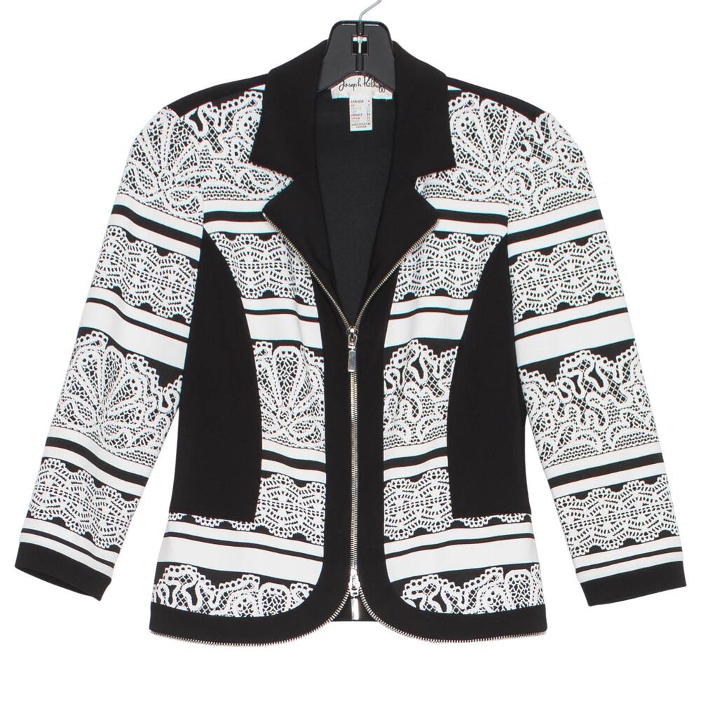 Joseph Ribkoff Vintage Y2K Blazer Jacket Black White Zip 3/4 Sleeve 4 Statement